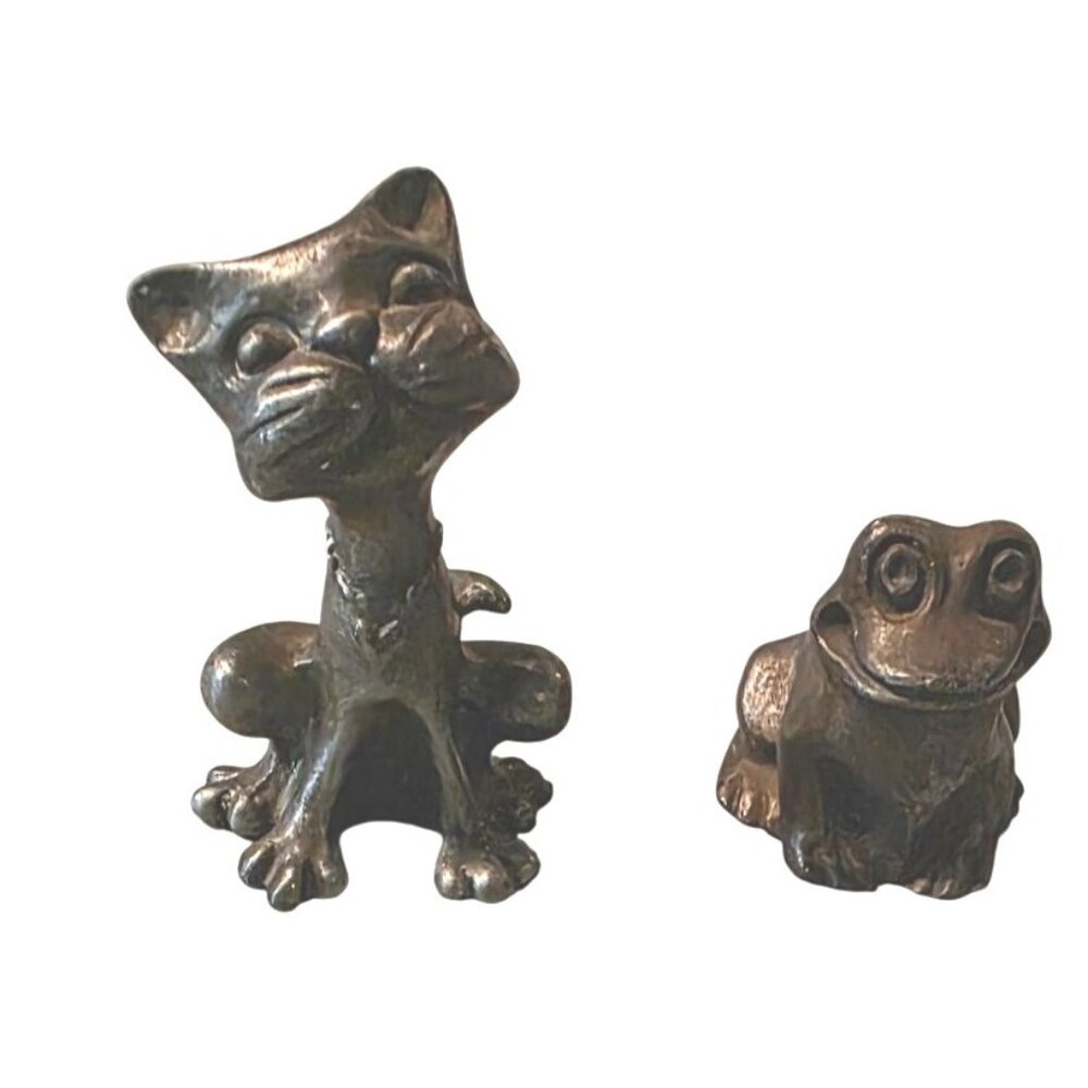 Vintage Figurines Cat & Frog Pewter Ampersand apx. 2"